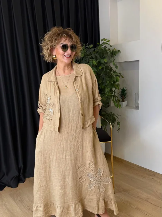 Krem Ceketli Keten Elbise LVD