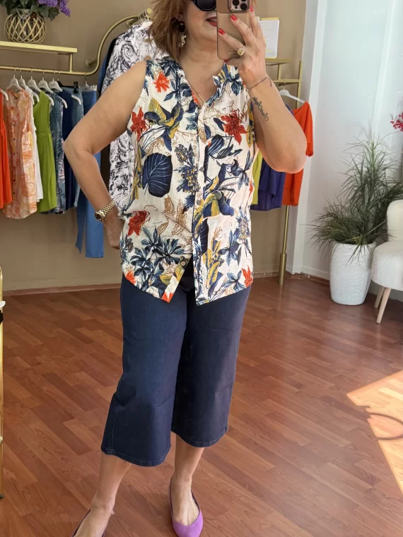 Krem Çiçek Desenli Kolsuz Bluz 0072