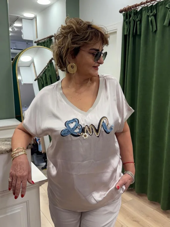 Krem Desenli Saten Bluz LVD