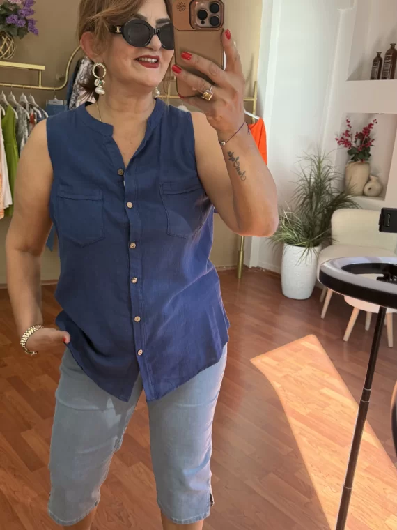Lacivert Askılı Sıfır Kol Bluz KG-25003