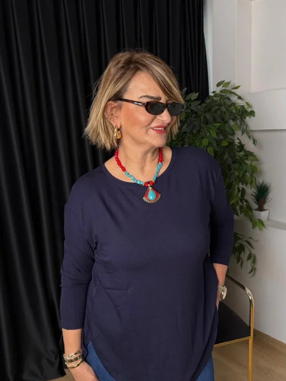 Lacivert Bisiklet Yaka Uzun Kollu Bluz 20726