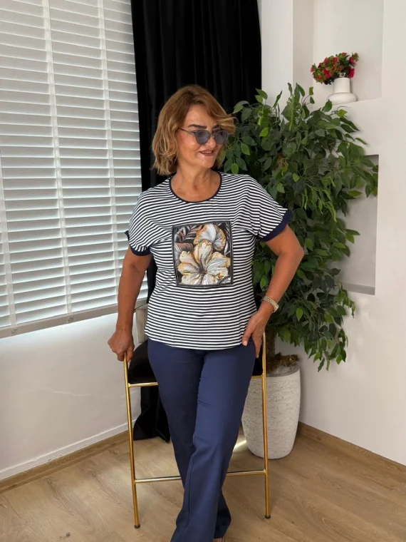 Lacivert Çizgili Desenli Bluz 5586