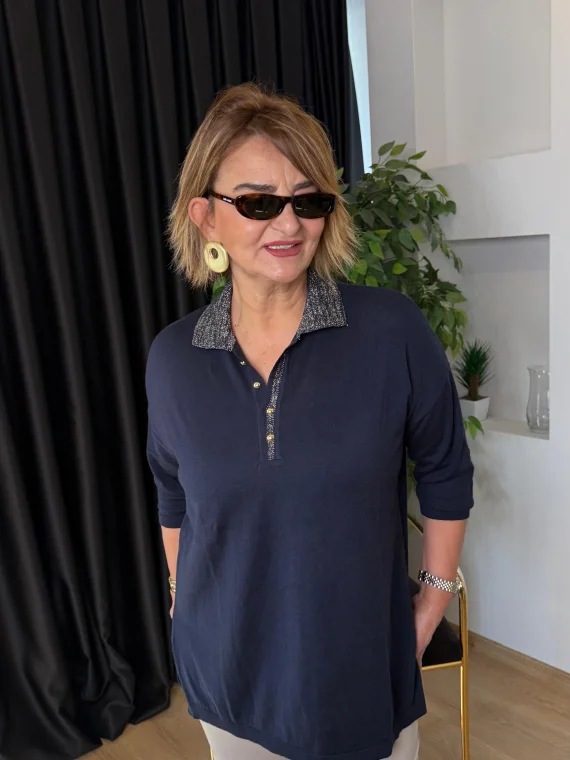 Lacivert Polo Yaka Simli Bluz 1311