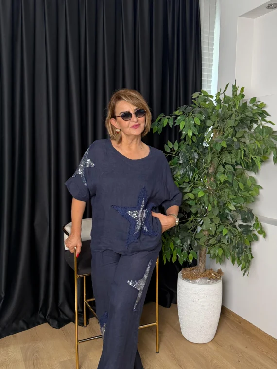 Lacivert Pul Detaylı Keten Takım 25577