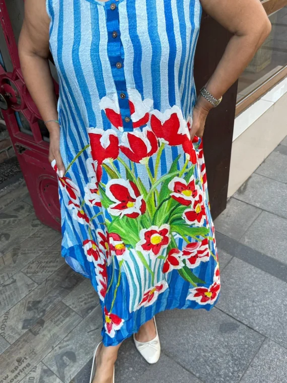 Mavi Çiçek Desenli Elbise BY045