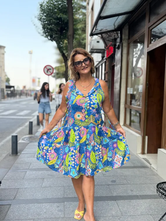 Mavi Desenli Sıfır Kol Elbise BY075