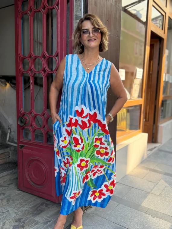 Mavi Kalın Çizgili Desenli Sıfır Kol Elbise BY200