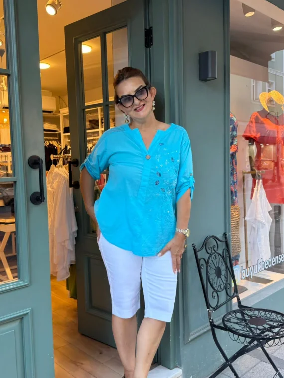 Mavi Nakışlı Pullu Pamuk Bluz Y9682