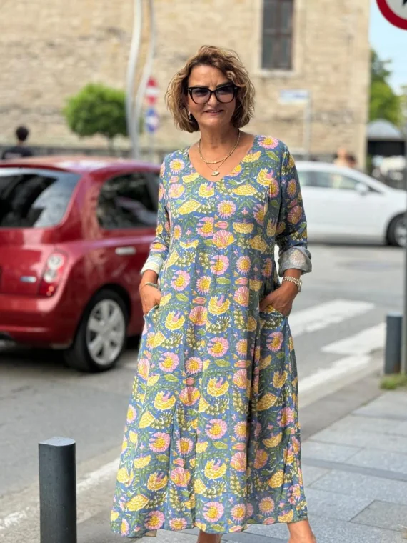 Mavi Renkli Desenli Elbise BY133