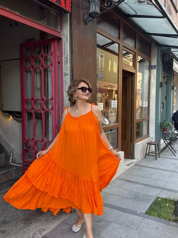 Oranj Düz Desen Askılı Elbise AN10585
