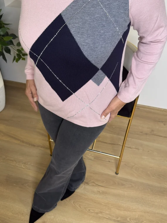 Pembe Bisiklet Yaka Taşlı Triko Kazak B-31340