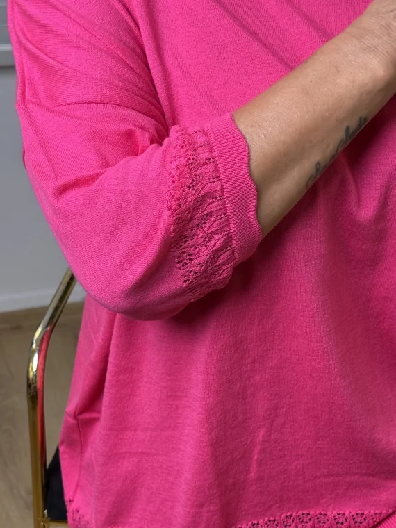 Pembe Dantel Detaylı Salaş Triko Bluz 1382
