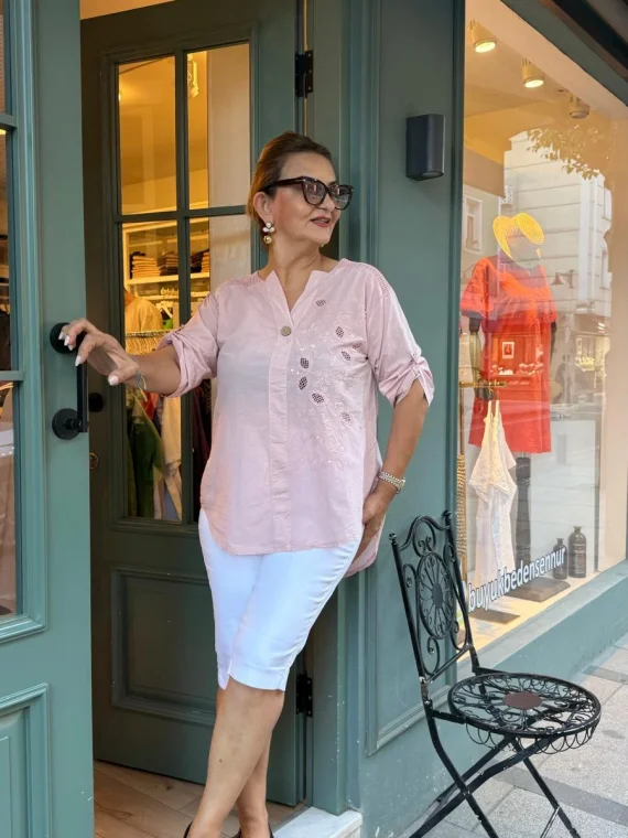 Pudra Nakışlı Pullu Pamuk Bluz Y9682