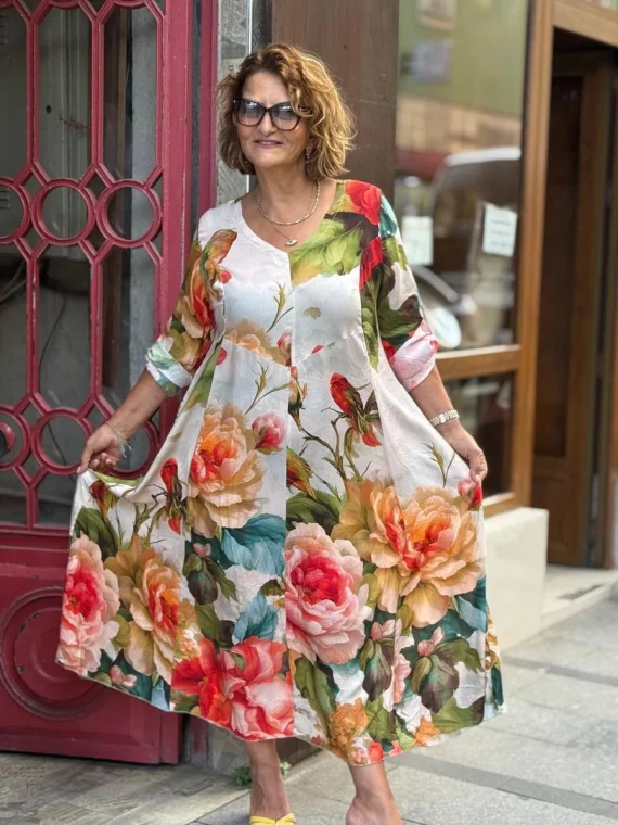 Renkli Gül Desenli Elbise BY133