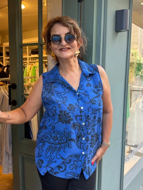 Saks Mavisi Kolsuz Desenli Bluz Y2000-1