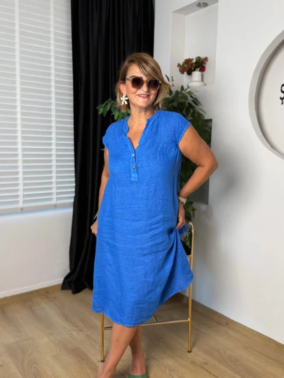 Saks Mavisi Lastikli Sıfır Kol Keten Elbise 72481