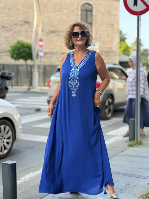 Saks Mavisi V Yaka Taşlı Elbise 26YB2530