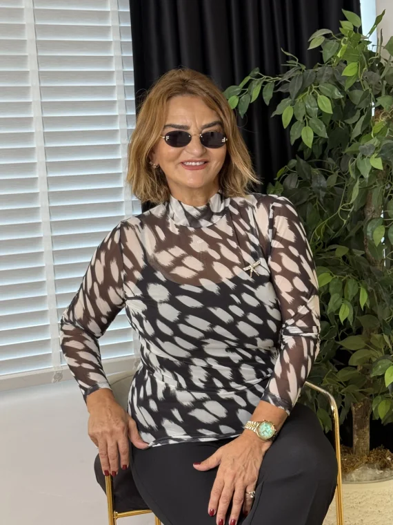 Siyah Desenli Tül Bluz 4044