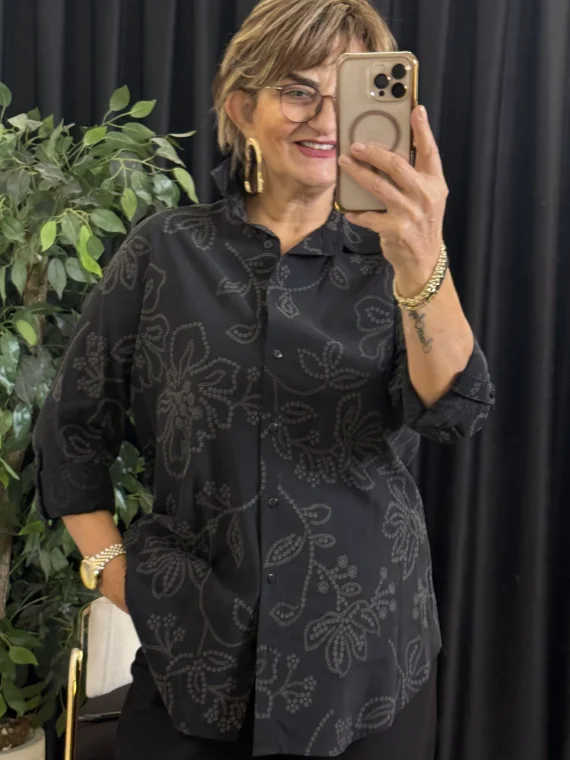 Siyah Kendinden Desenli Dokuma Gömlek 10652