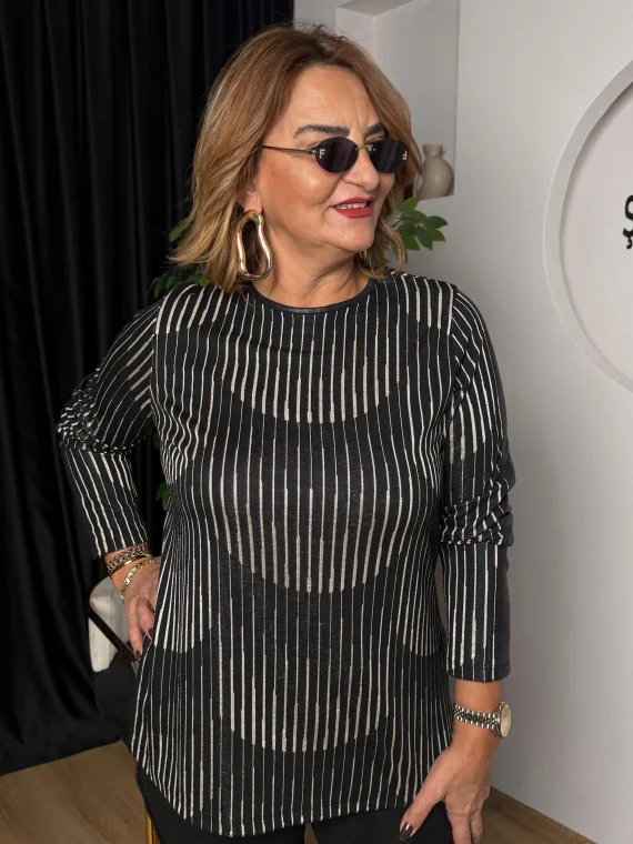 Siyah Kolları Deri Şeritli Bluz 0682