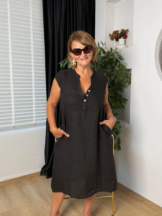 Siyah Lastikli Sıfır Kol Keten Elbise 72481
