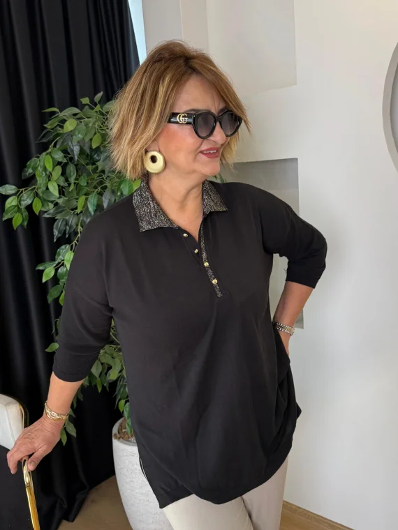 Siyah Polo Yaka Simli Bluz 1311