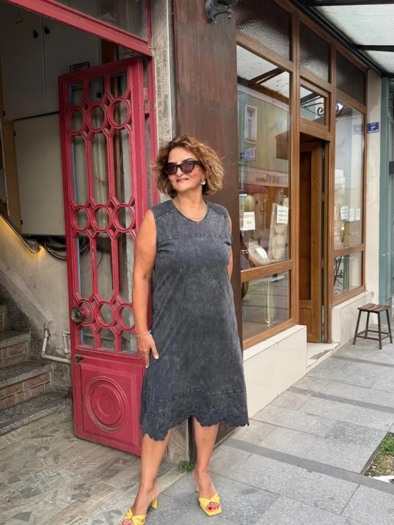 Siyah Taşlı Sıfır Kol Penye Elbise 408
