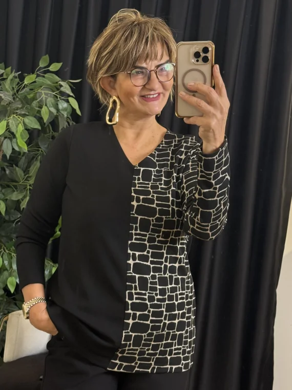 Siyah V Yaka Desenli Bluz 20706