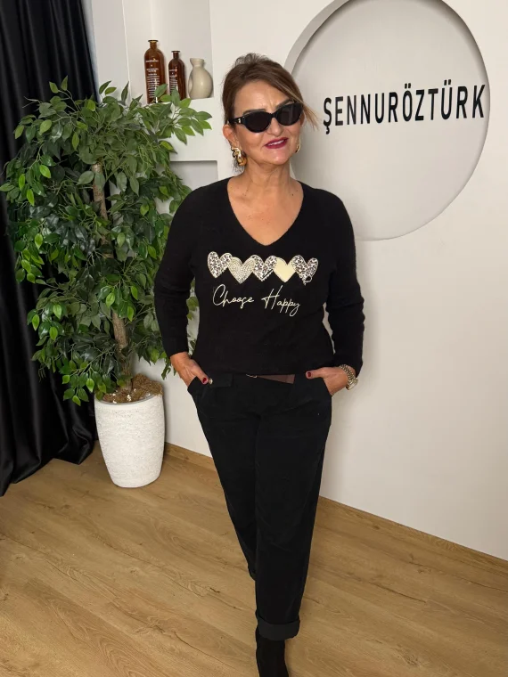 Siyah Yazılı Taş Desenli Kazak 22005