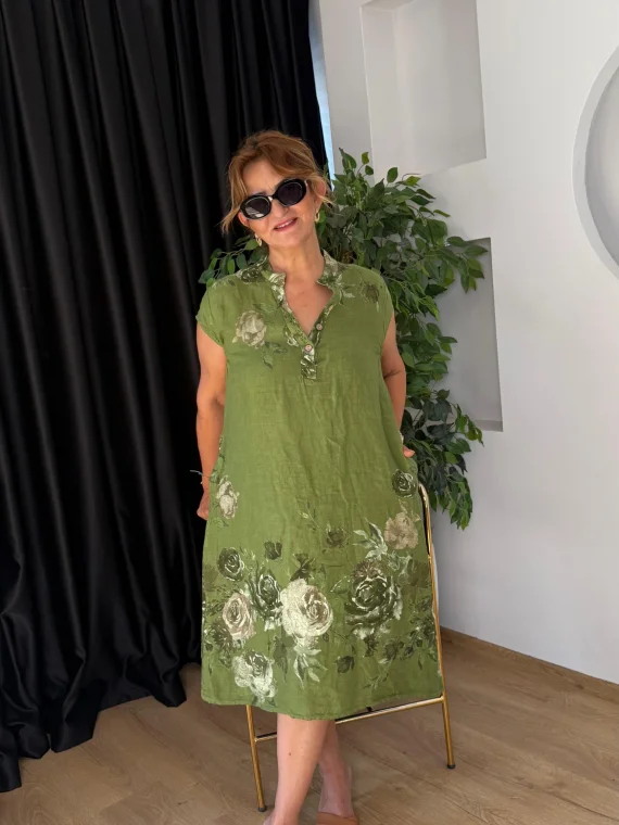 Yağ Yeşili Gül Desen Sıfır Kol Keten Elbise 30383