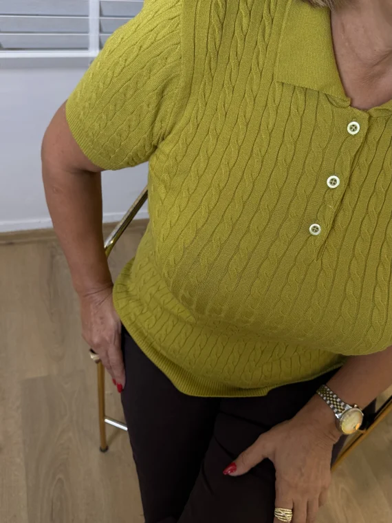 Yağ Yeşili Saç Örme Polo Yaka Kısa Kol Bluz 1380