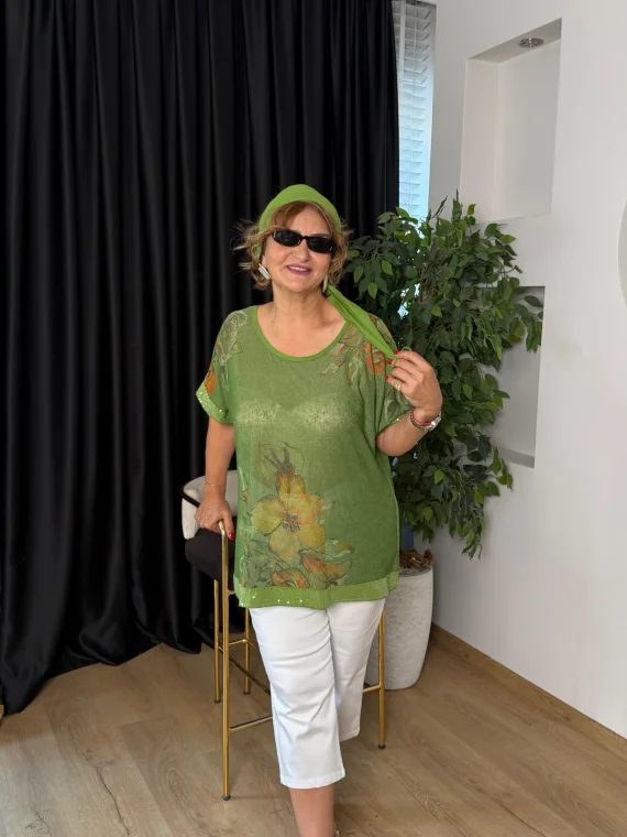 Yeşil Desenli Şallı Bluz LDV