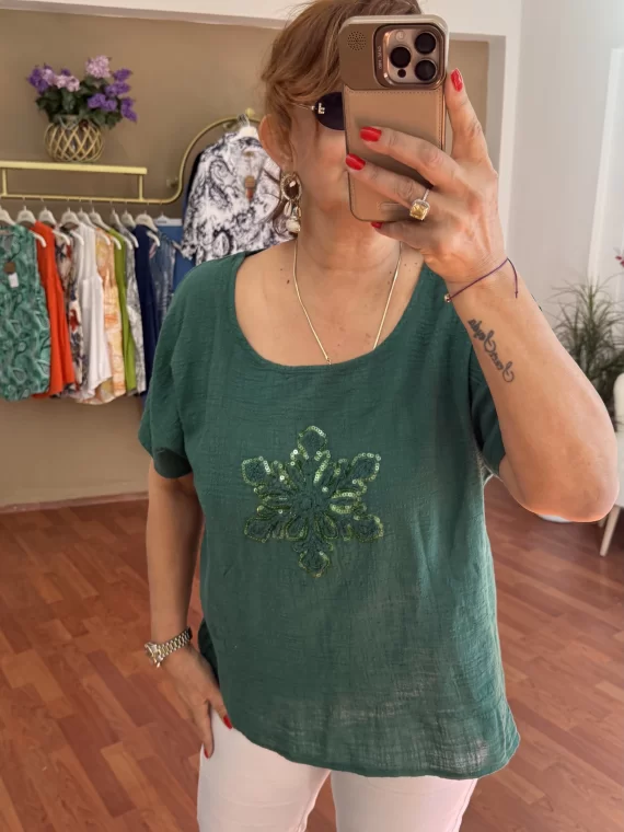 Zümrüt Yeşili Pullu Bluz V-717