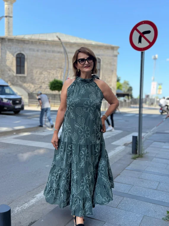 Zümrüt Yeşili Rafya Desen Sıfır Kol Elbise 72319