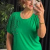 Yeşil Yuvarlak Yaka Taşlı Kısa Kol Bluz 25Y6023