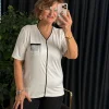 Ekru V Yaka Şeritli Kısa Kol Bluz 25Y6009