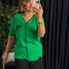 Yeşil V Yaka Şeritli Kısa Kol Bluz 25Y6009
