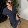 Lacivert Düz Desen Büzgülü Keten Elbise 71855
