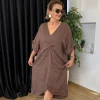 Kahverengi Düz Desen Büzgülü Keten Elbise 71855