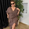 Kahverengi Düz Desen Büzgülü Keten Elbise 71855