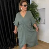 Haki Düz Desen Büzgülü Keten Elbise 71855