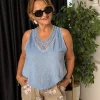 Bebe Mavisi Pul Detaylı Sıfır Kol Keten Bluz 1121