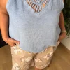 Bebe Mavisi Pul Detaylı Sıfır Kol Keten Bluz 1121