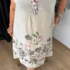 Bej Gül Desen Sıfır Kol Keten Elbise 30383