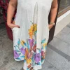 Bej Kır Çiçekleri Sıfır Kol Keten Elbise 72401