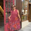 Bordo Kır Çiçekleri Sıfır Kol Keten Elbise 72401