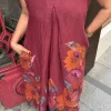 Bordo Kır Çiçekleri Sıfır Kol Keten Elbise 72401