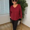Bordo Leopar Desenli Triko Kazak Y59100
