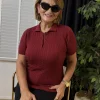 Bordo Saç Örme Polo Yaka Kısa Kol Bluz 1380