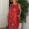 Bordo Sarmal Desen Sıfır Kol Keten Elbise 80105